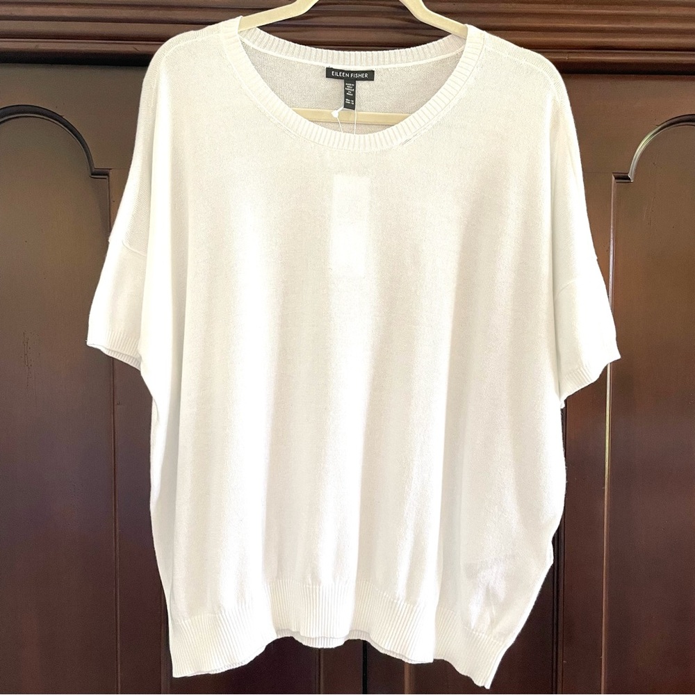 🆕Eileen Fisher Lightweight Short-Sleeve Sweater Top Organic Cotton White Size 1X